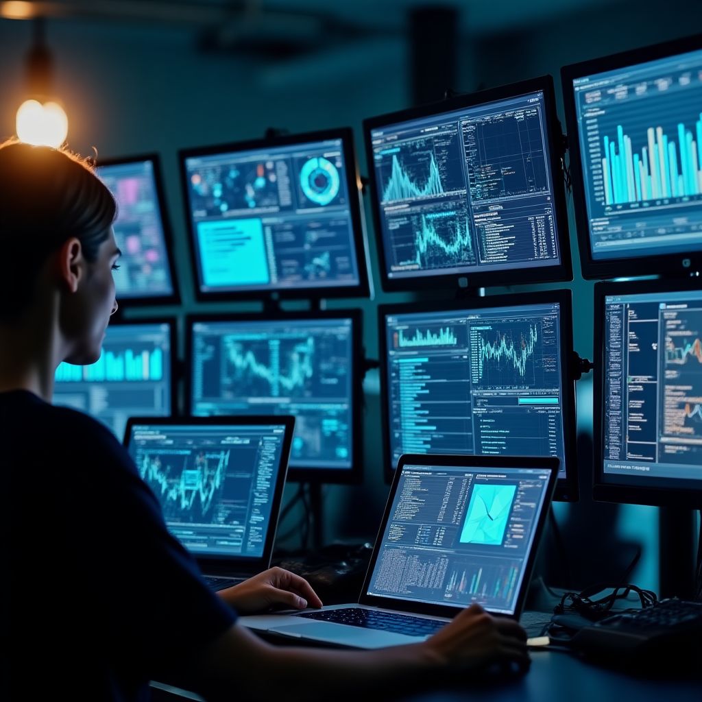 Equipa de analistas trabalhando com visualizações de dados complexos