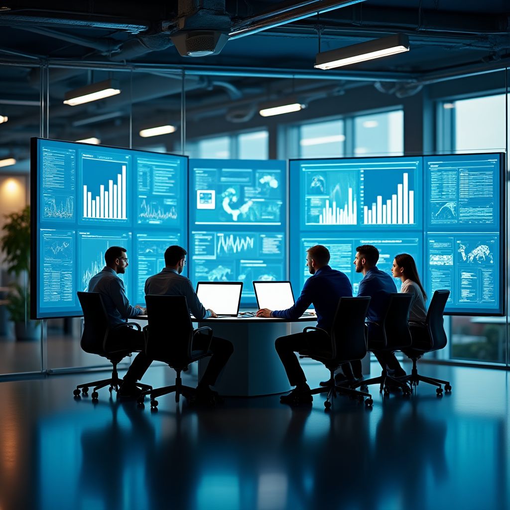 Equipa da empresa de pesquisa de mercado no escritório principal