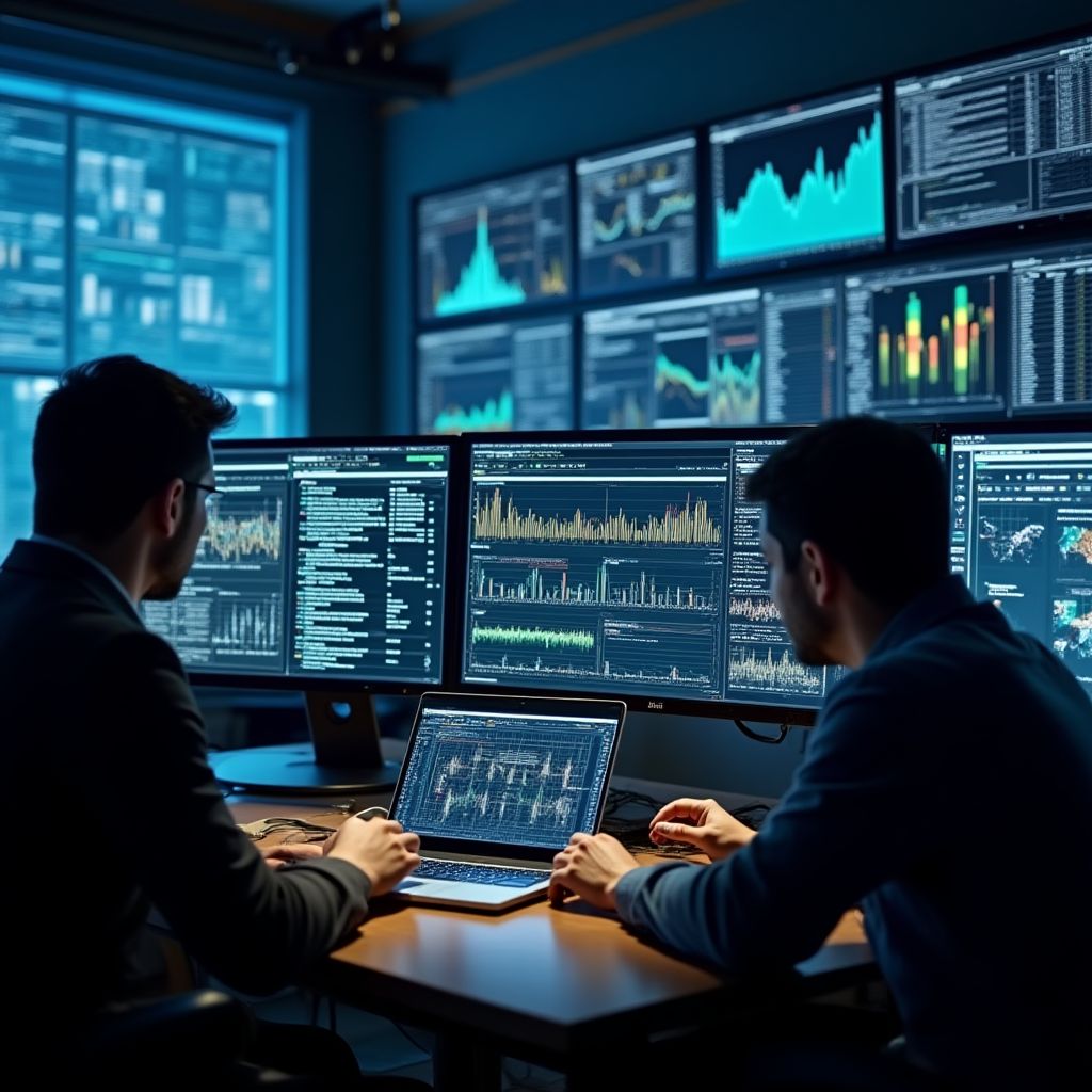 Equipe de análise de dados trabalhando em laboratório