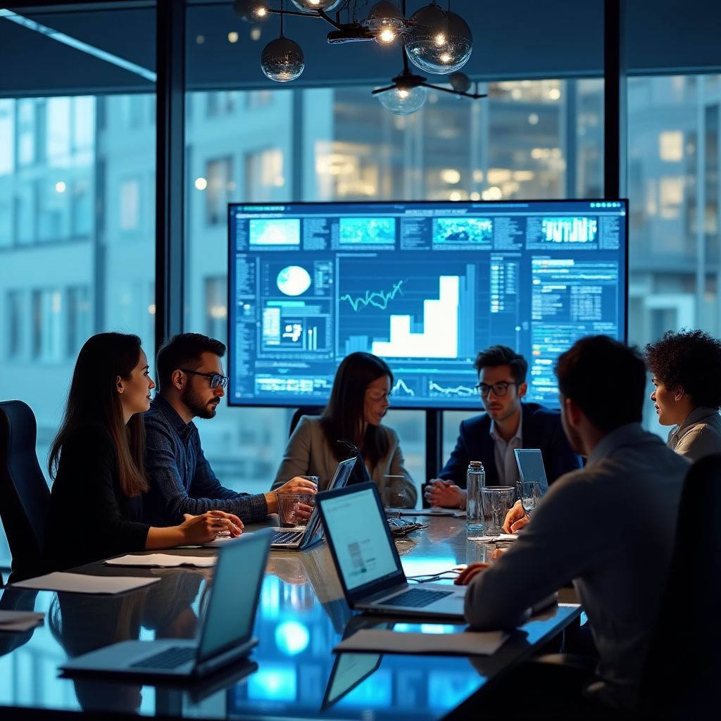 Equipa de especialistas em pesquisa de mercado em reunião estratégica